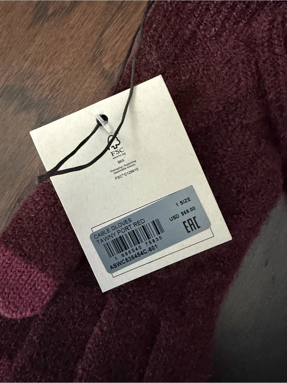 Allsaints CABLE GLOVES TAWNY PORT RED NWT